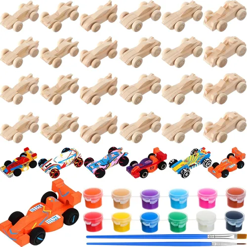 Lenwen 24 piezas de autos de carreras de madera para bricolaje, autos de carreras de madera sin terminar con pintura acrílica de 12 colores, juego