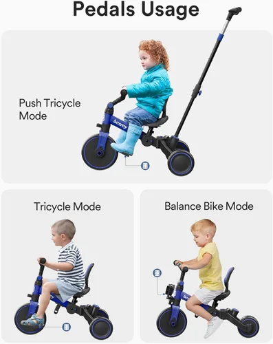 Miniatura 8 de besrey Bicicleta 5 en 1 para niños pequeños con mango de dirección para padres para niñas y niños de 1 a 3 años, triciclo plegable para niños, Azul