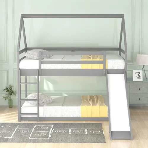 Miniatura 6 de Harper & Bright Designs - Litera de casa individual sobre cama individual con tobogán para niños y niñas, litera de piso de madera con techo y Gris