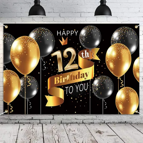 Cartel de fondo de feliz cumpleaños número 12, suministros de decoración de fiesta de cumpleaños de 12 para niños, color negro y dorado, 3.9 x 5.9