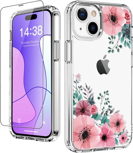 LUHOURI Funda para iPhone 15 con protector de pantalla, cubierta transparente, diseño de patrón de moda, carga inalámbrica, funda protectora delgada