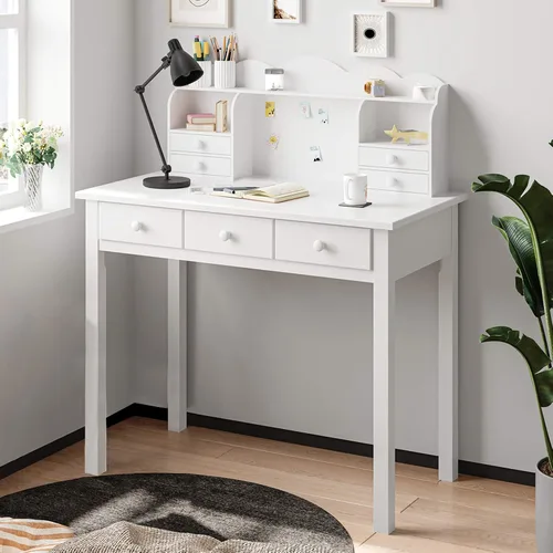 Miniatura 10 de ADORNEVE Pequeño Escritorio Blanco con Estante Superior y Puertos USB, Escritorio de Oficina en Casa de 31.5 Pulgadas con Cajones, Mesa de Estudio