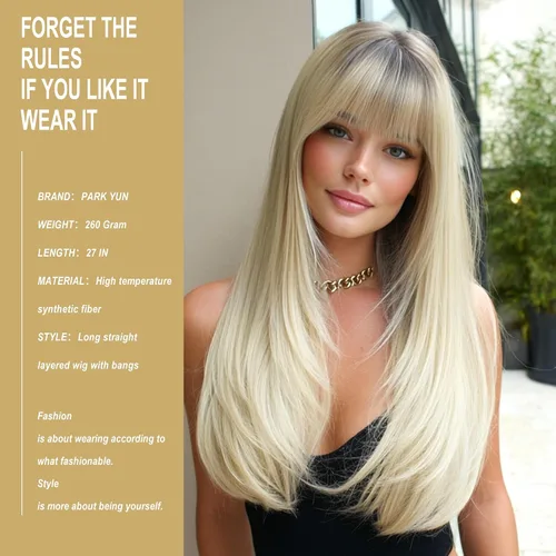 Miniatura 3 de PARK YUN 27IN Cool Ash Platinum Blonde Straight Wig with Bangs Long Layered Synthetic Wig Shadow Root Light Beige Blonde Hair Heat Resistant Natural