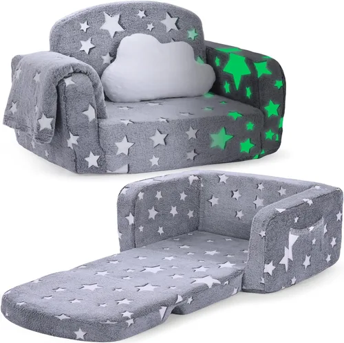 Miniatura 10 de Sofá para niños, sofá suave 2 en 1 plegable con manta y almohada de nube, que brilla en la oscuridad, sofá convertible, regalos para niños y niñas