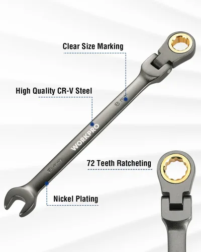 Miniatura 2 de WORKPRO Llave de combinación con cabeza flexible de 8 mm, construida en Cr-V, niquelada, 72 dientes, diseño de 12 puntas, métrica