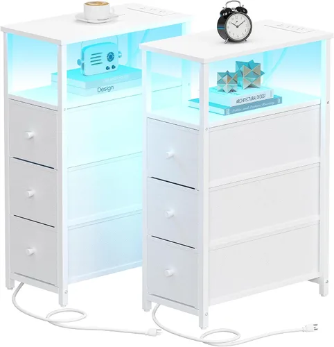 Miniatura 10 de TUTOTAK - Mesa auxiliar pequeña y estrecha con estación de carga; mesa de lado con tomas de corriente; mesita de noche con 2 cajones de tela; mesa