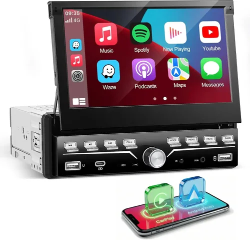 Estéreo de Coche Individual DIN Apple Carplay y Android Auto 1 DIN 7 Pulgadas Pantalla Táctil Abatible Radio de Coche con Bluetooth y Micrófono