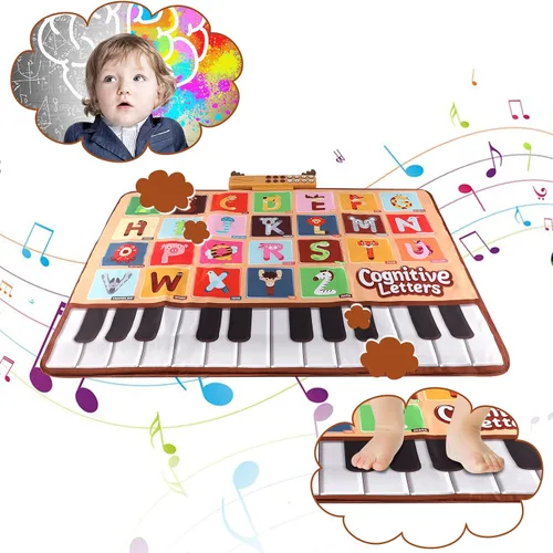 Miniatura 6 de Bluejay Alfombrilla de piano para bebé, teclado musical, juguetes de aprendizaje con 26 letras, música electrónica con tacto de animales, juguetes