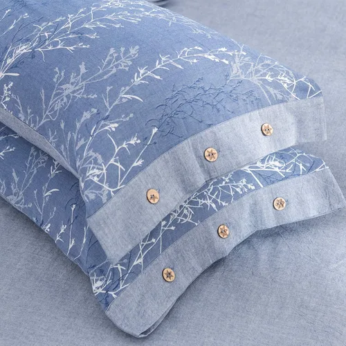 Miniatura 4 de Juego de funda de edredón tamaño matrimonial/queen, hilo de algodón lavado, jacquard azul y blanco, patrón de ramas finas estilo floral, juego