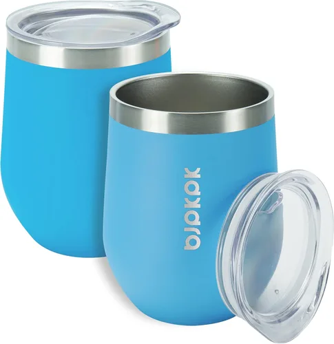 BJPKPK 2 vasos de vino aislados de 12 onzas, tazas de café al vacío de doble pared de 12 onzas con tapa, vasos de vino de acero inoxidable A-azul