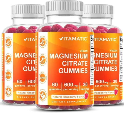 Vitamatic Gomitas de magnesio 600 mg por porción – 60 gomitas veganas – Soporte para relajación, músculos, huesos y energía – Paquete de 3