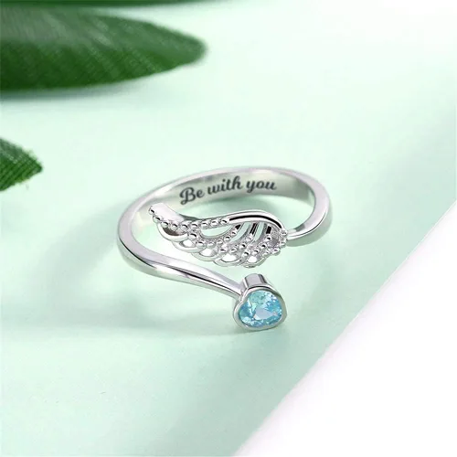 Miniatura 2 de AILIN Anillos de plata de ley 925 personalizados con diseño de ala de ángel y piedra natal grabada en el interior, joyería para mujeres, regalos