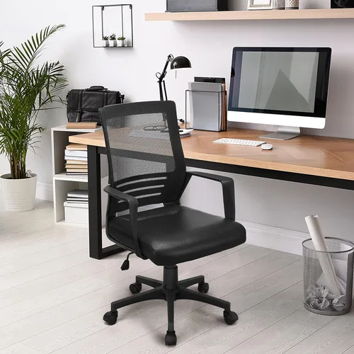 Miniatura 2 de Yaheetech Silla de oficina de malla con respaldo medio con asiento de cuero, silla ejecutiva para computadora de oficina con reposabrazos y soporte