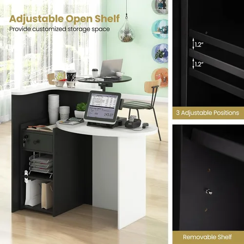 Miniatura 5 de Giantex Escritorio de recepción, mostrador delantero con cajón con cerradura, mesa de pago con mesa redonda, estante de esquina y estante ajustable