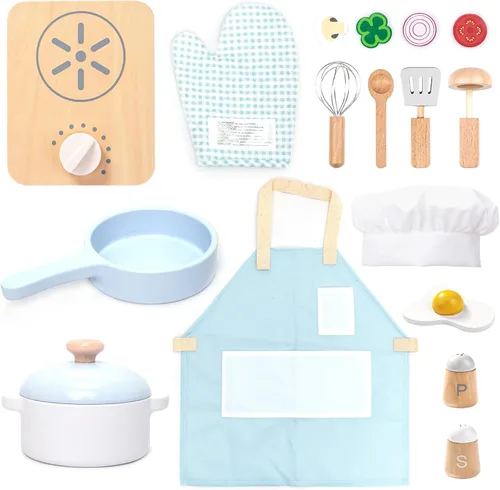 UMU Juego de cocina de madera para niños, juguete de cocina de 18 piezas con ollas, sartenes, comida de juego, utensilios, delantal y sombrero de