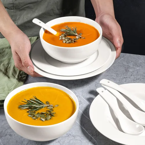 Miniatura 8 de Artena Cuencos de sopa y cucharas de sopa, cuencos de cereales de 26 onzas y cucharas de cereales, juego de cuencos y cucharas de cerámica blanca