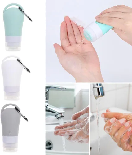 Miniatura 3 de HomeSoGood 3 tubos de viaje de silicona a prueba de fugas recargables con gancho para llavero para artículos de tocador cosméticos, champú, botella