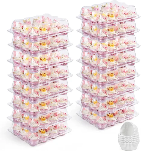 Miniatura 10 de LotFancy (12 unidades x 5 juegos) recipientes para cupcakes con 60 forros, cajas apilables de plástico, soporte desechable para magdalenas con tapa