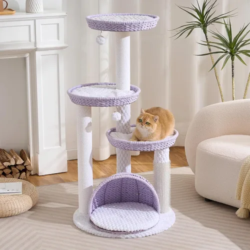 Miniatura 14 de HITTITE Moderna torre de árbol para gatos con poste rascador, torres para gatos de 46 pulgadas de alto con nidos y cueva tejidos, árbol para gatos