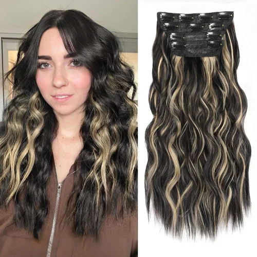 Miniatura 53 de ALXNAN Extensiones de cabello sintético largo y ondulado con clip, de 16 pulgadas, color negro natural, 4 piezas gruesas, fibra de doble trama