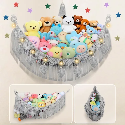 Miniatura 12 de Hamaca para Animales de Peluche de Esquina - 142 cm Jumbo Hecha a Mano de 5mm de Doble Cordón de Macramé para Almacenamiento de Animales de Peluche