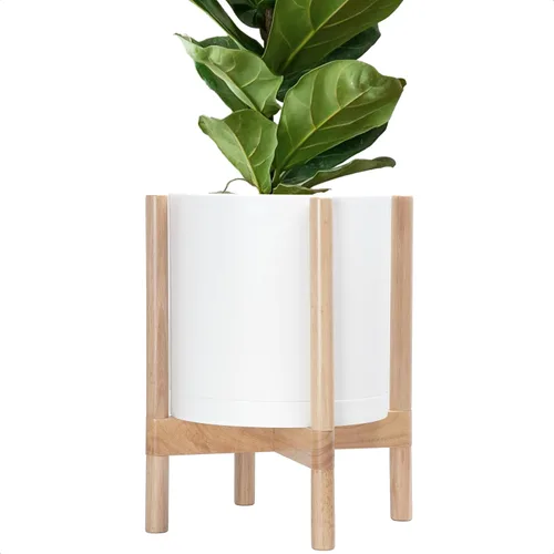 Miniatura 13 de Maceta de D'vine Dev con soporte - Maceta de flores de cilindro de plástico de 8.0 pulgadas con soporte de madera para interiores, maceta mate negra