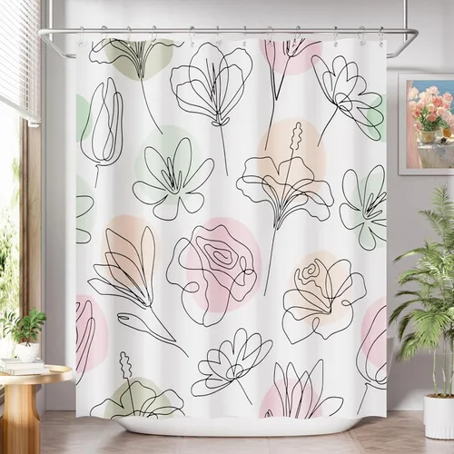 Miniatura 13 de AmazerBath Cortina de ducha floral, juego de cortinas de ducha lavables de tela con 12 ganchos para cortina de ducha, cortinas de ducha de tela C