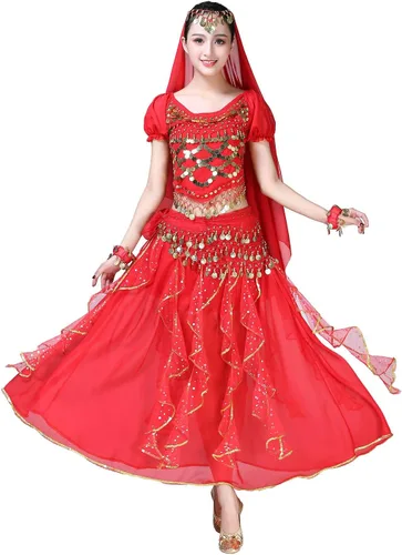 ORIDOOR Vestido de danza del vientre para mujer, disfraz indio de Bollywood para Halloween, faldas de gasa, trajes brillantes para danza del