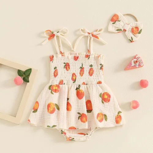Miniatura 107 de Mameluco para bebés y niñas de 3, 6, 9, 12, 18 meses, enterizo de manga corta, fruncido, faldas y dobladillo, diadema