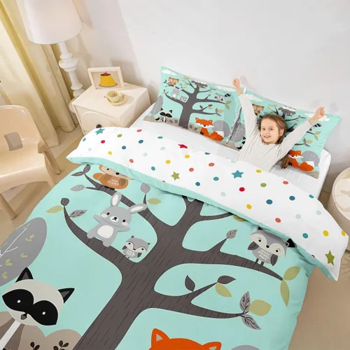 Miniatura 5 de Juego de ropa de cama de animales lindos para niños y niñas, guardería, caricaturas, mapache, búho, zorro, funda de edredón con bonitos animales