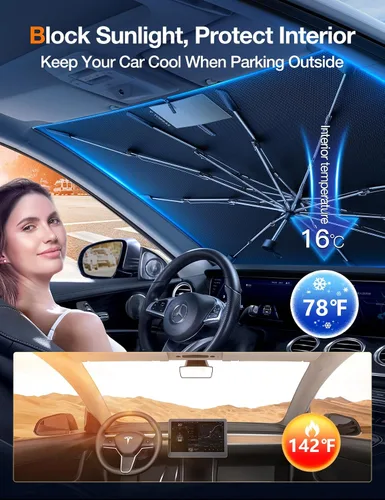 Miniatura 4 de TORRAS Parasol para Parabrisas de Automóvil con Organizador, Sombras Plegables para Cubierta de Ventana Delantera con Espejo, Cremallera Bloquea