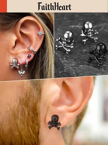 Miniatura 6 de FaithHeart Skull Hoop Earrings for Men SilverBlackGold Stainless Steel Huggie Hoop Earrings Lightweight Hypoallergenic Earrings for Sensitive Ears