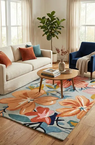 Miniatura 5 de Restoration and Renovation Alfombra de lana floral copetuda a mano Diseño moderno de flores coloridas, alfombra gruesa y suave para sala de estar