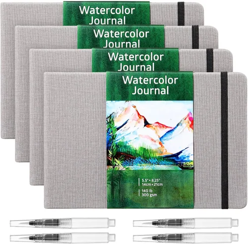 Miniatura 8 de Dispowreath Juego de 4 cuadernos de bocetos de acuarela con bolígrafos de pincel de acuarela, papel de algodón de 300 GSM, cuaderno portátil Blanco