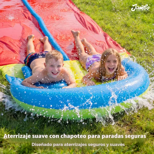 Miniatura 9 de JAMBO 7.3 metros XL Tobogán, Resbaladilla y Aspersor y 2 Tablas de Bodyboard, Tobogán de Agua para Césped de Alta Resistencia, Juguete de Agua