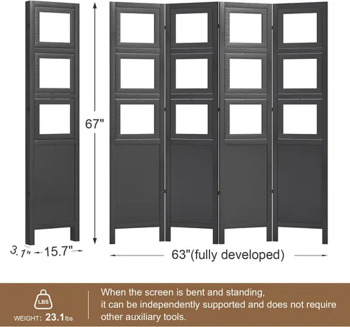 Miniatura 6 de Divisor de habitación para fotos de 4 paneles, pantalla de privacidad plegable independiente y decorativo con 16 marcos para oficina en casa (negro)