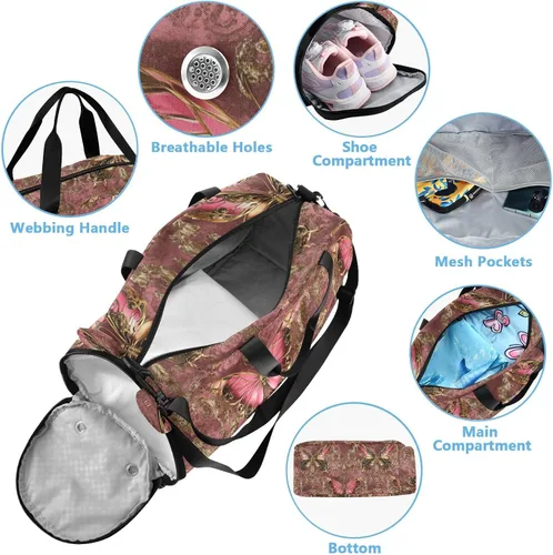 Miniatura 4 de Peach Gold Vintage Butterfly Gym Duffel Bag with Shoes Compartment Lightweight Kids Overnight Bag for Beach Swim Pool Sports bolso para gym mujer