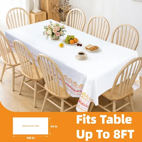 Miniatura 2 de Paquete de 2 manteles de plástico blanco, 108 x 54 pulgadas, manteles rectangulares desechables bohemios para bodas, pícnics y fiestas