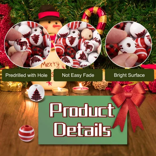 Miniatura 2 de 100 cuentas de madera de Navidad, árbol de Navidad, ciervos, copos de nieve, cuentas de madera natural, cuentas de madera rústica de 0.591-0.650 in