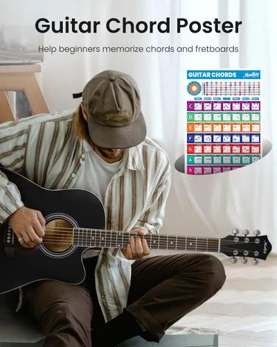 Miniatura 5 de Moukey Guitarra acústica de 41 pulgadas para principiantes, adultos, adolescentes, tamaño completo, con póster de acordes, bolsa de concierto, Negro