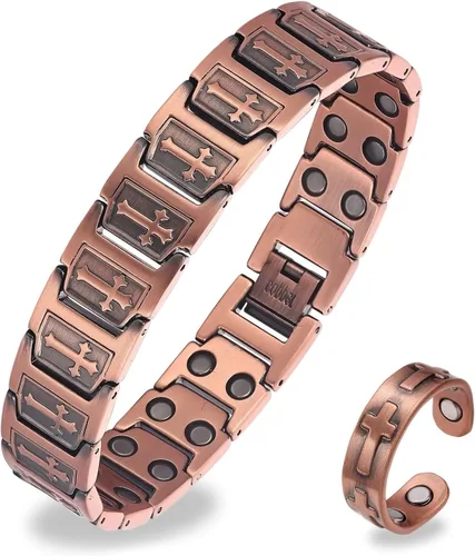 Miniatura 9 de Juego de pulsera magnética y anillo para hombre, 99.99% de cobre puro, diseño de cruz ajustable y nudo celta, regalo para papá