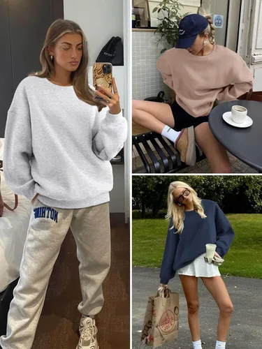 Miniatura 5 de ATHMILE Sudadera de gran tamaño para mujer, cuello redondo, forro polar, manga larga, sudaderas con capucha, tops de otoño, ropa de moda 2025