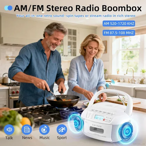 Miniatura 6 de Combo de reproductor de CD y cassette, reproductor de CD portátil Boombox con radio AM/FM Bluetooth/AUX/USB Drive Grabación de cinta para Blanco