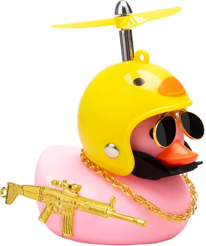 Miniatura 8 de wonuu Adornos de pato de goma para tablero de automóvil, juego de decoraciones de pato rosa con casco de hélice, lentes de sol, cadena dorada