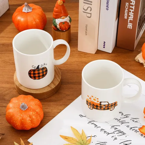 Miniatura 4 de Whaline 2 tazas de café de otoño de 12 onzas con diseño de búfalo a cuadros, calabaza, camión, tazas de café de cerámica para parejas, Acción