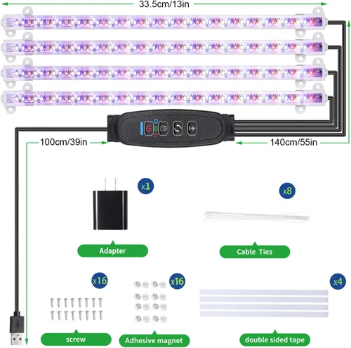 Miniatura 7 de RWNTAO Lámpara de cultivo de cuatro tiras para plantas de interior, tiras de luz LED de espectro completo rojo, azul y amarillo, con temporizador