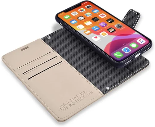 SafeSleeve Funda de piel tipo cartera desmontable para iPhone 14 con bloqueador EMF para teléfono celular con 3 tarjeteros y soporte ajustable,