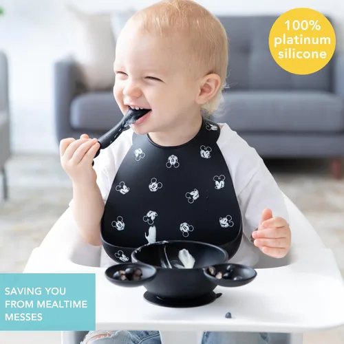 Miniatura 3 de Bumkins Baberos de Disney, bolsillo de silicona para bebés, babero para niña o niño, para niños de 6 a 24 meses, imprescindible para comer, Mickey