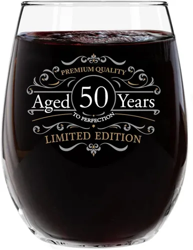 DU VINO Copa de vino sin tallo de edición vintage para hombres y mujeres (50 aniversario) de 15 onzas, copas de vino de feliz cumpleaños para niños