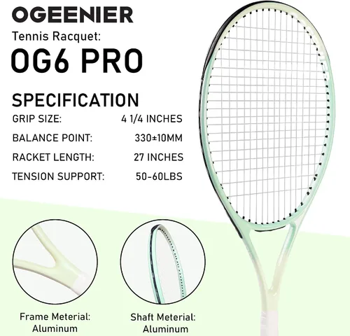 Miniatura 2 de OGEENIER 27 Inch Adult Tennis Racket Set, Pre-Strung Beginners Tennis Racquet, Lightweight and Recreational Aluminum Rackets with Overgrip, Tennis